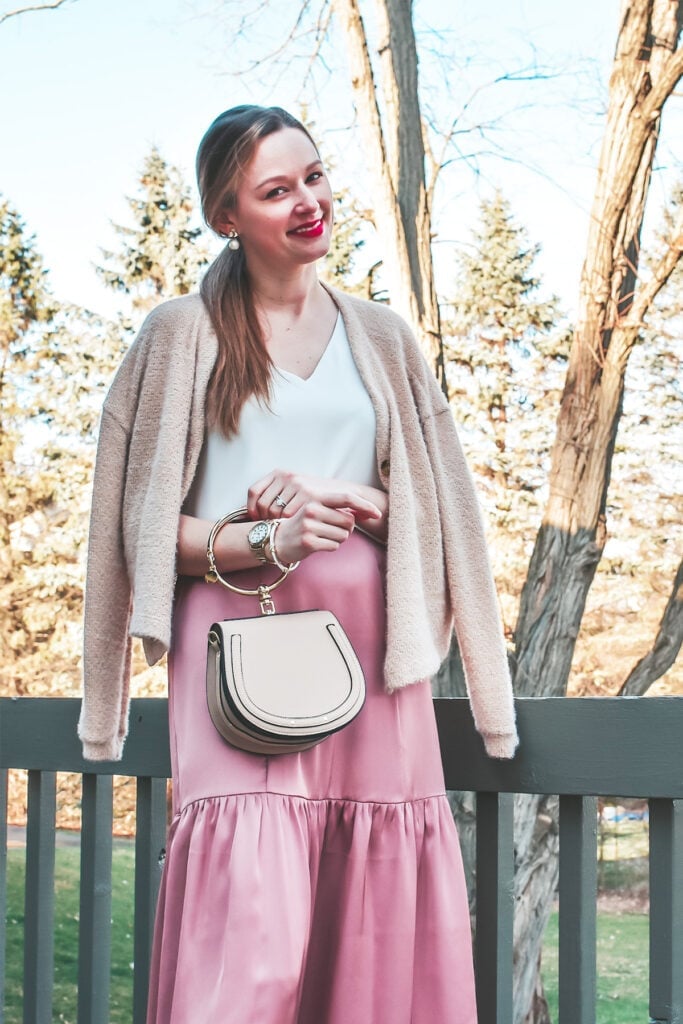 Pink Satin Midi Skirt with Cream V-Neck Top and Beige Cardigan — Pink Skirt Outfit