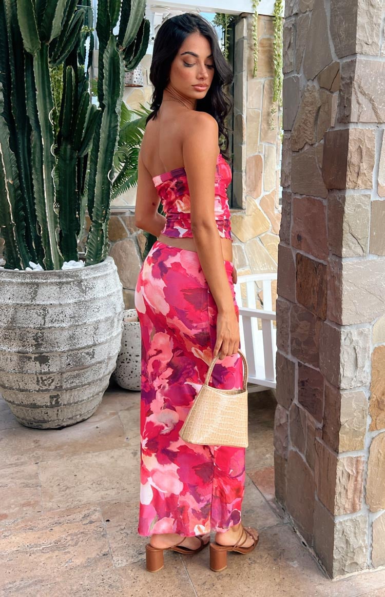 Pink Floral Print Mesh Maxi Skirt with Strapless Top — Pink Skirt Outfit