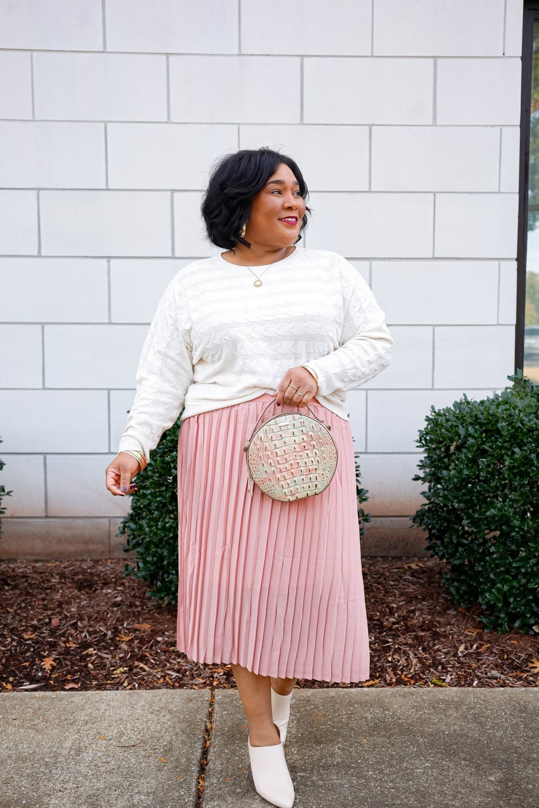 Pink Pleated Midi Skirt with Cream Textured Knit Sweater — Pink Skirt Outfit