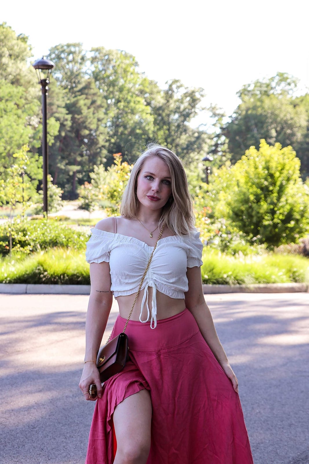Pink Maxi Skirt with Thigh Slit and White Off-The-Shoulder Top — Pink Skirt Outfit