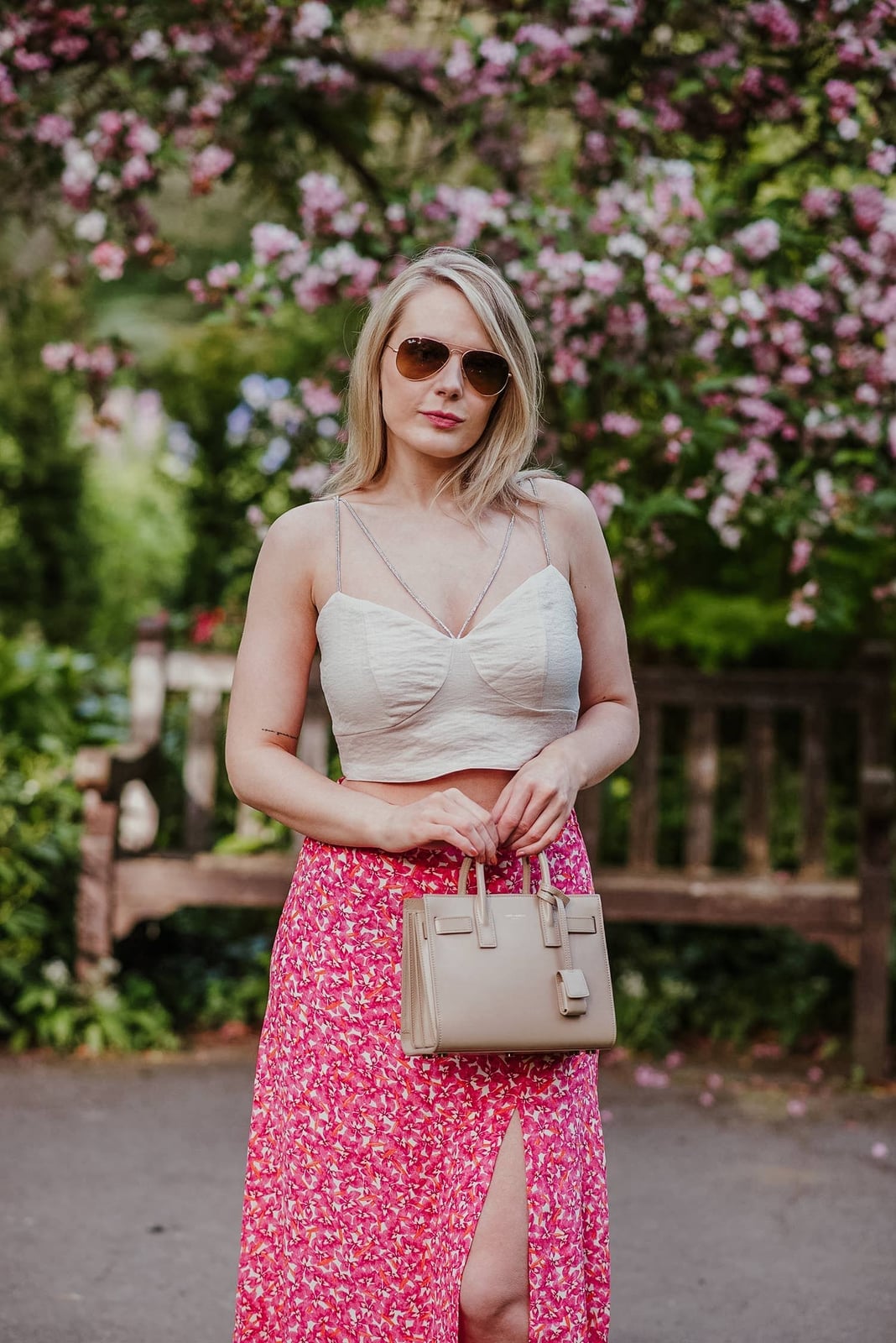 Pink Floral Print Maxi Skirt with White Chain Strap Crop Top — Pink Skirt Outfit