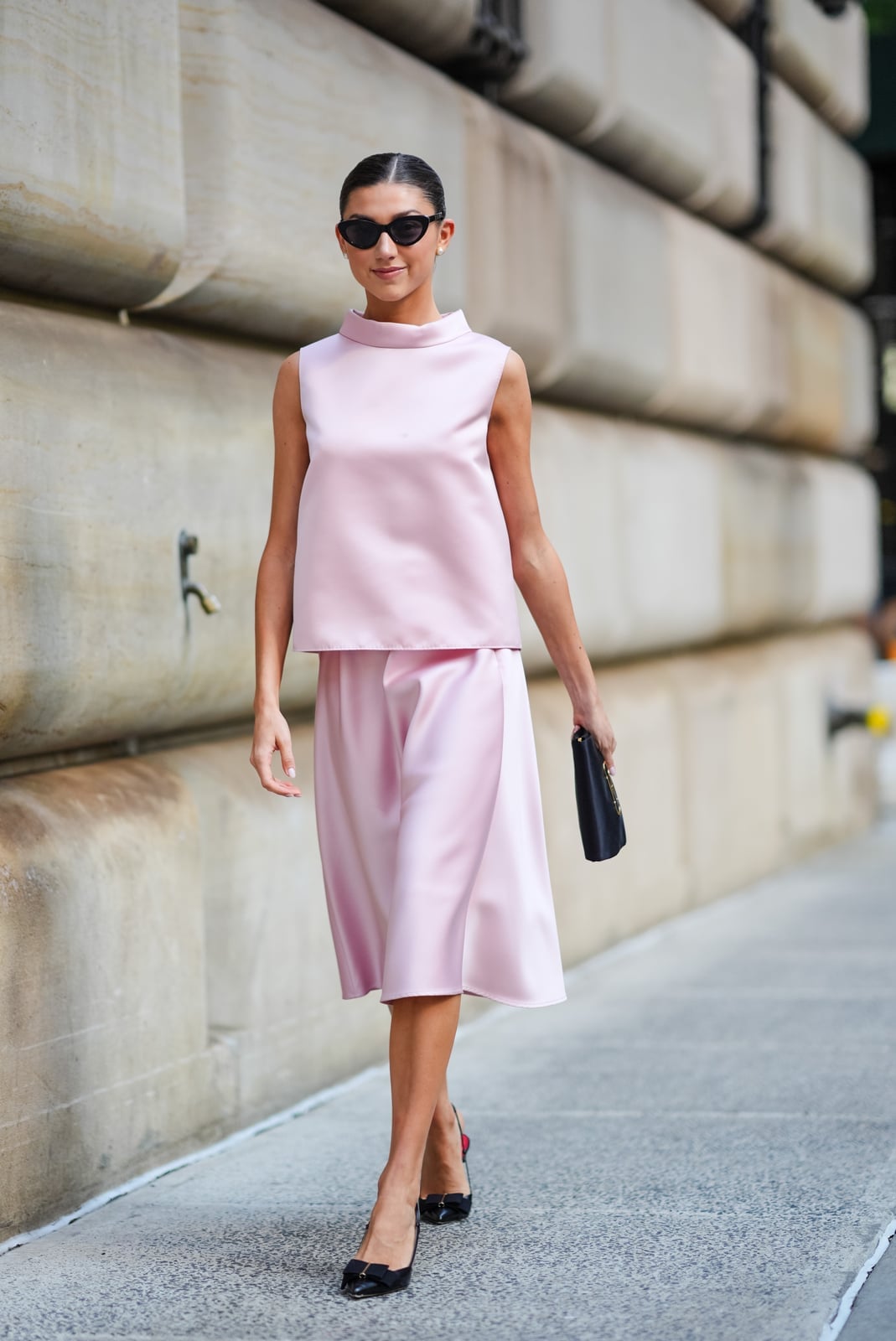 Pale Pink Satin A-Line Skirt with Matching Mock Neck Top — Pink Skirt Outfit
