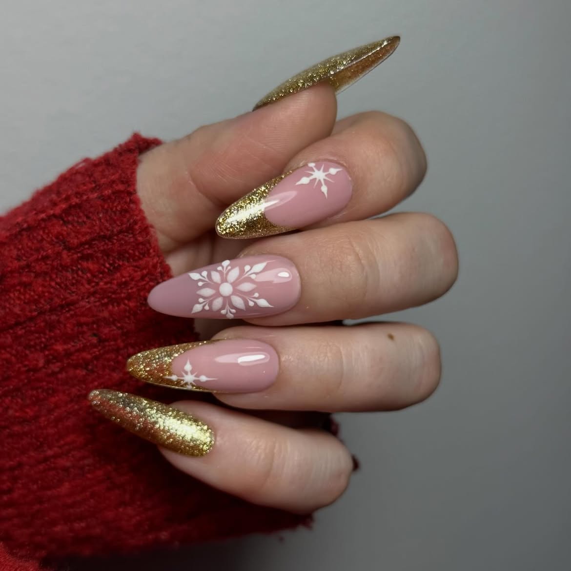Pink Snowflake French Tips with Gold Glitter