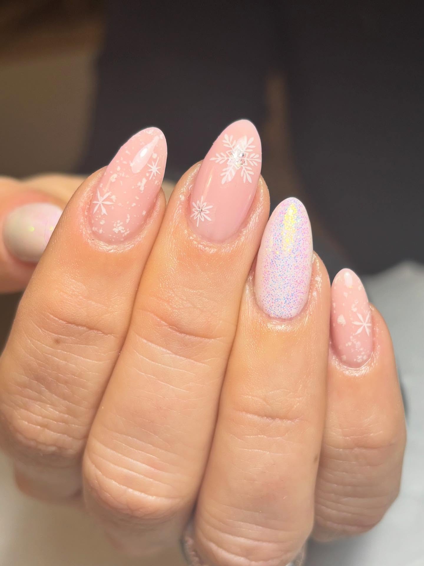 Pink Snowflake Glitter Almond Nails