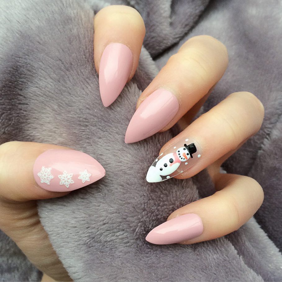 Pink Snowman French Tip Almond Nails