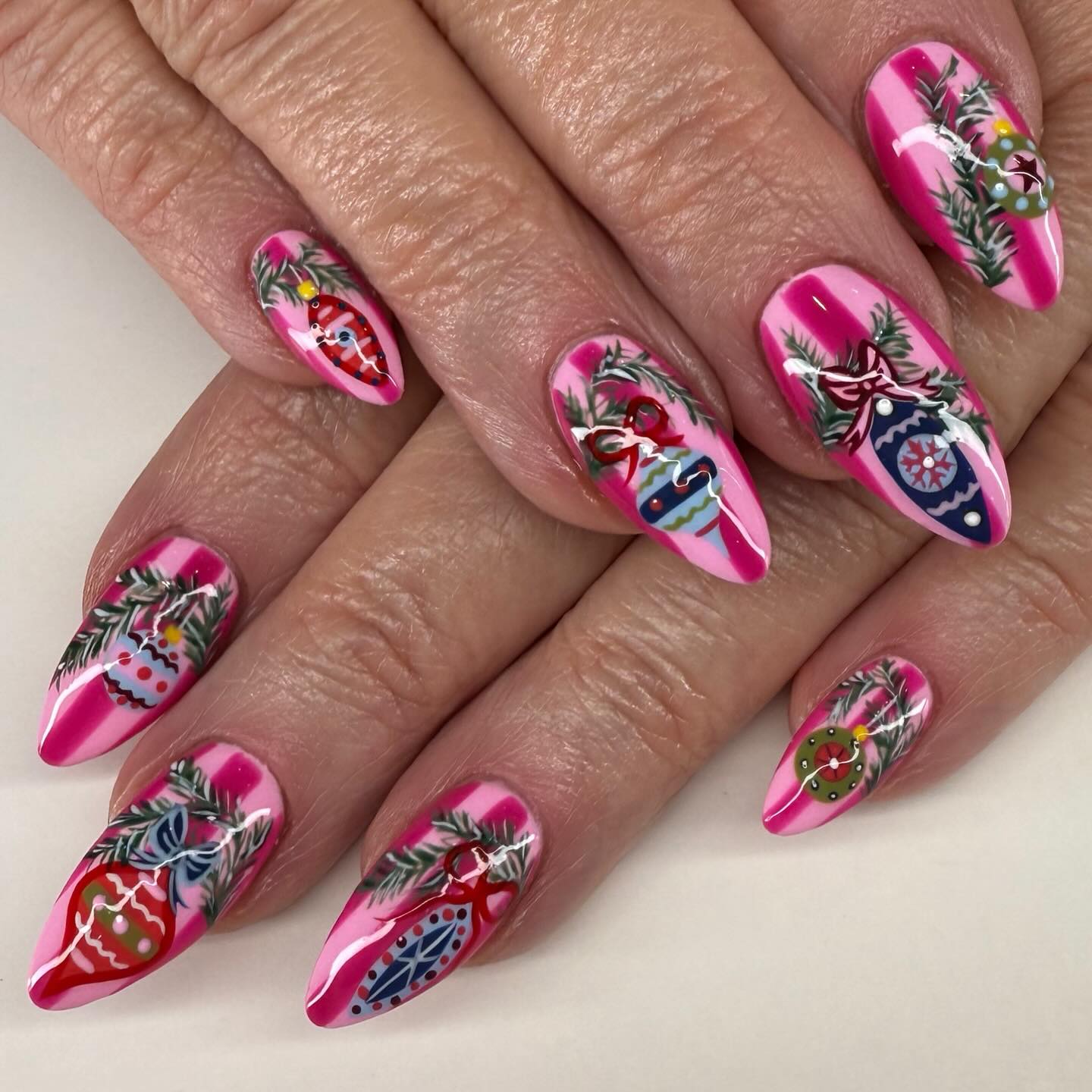 Pink Stripe Christmas Ornament Almond Nails