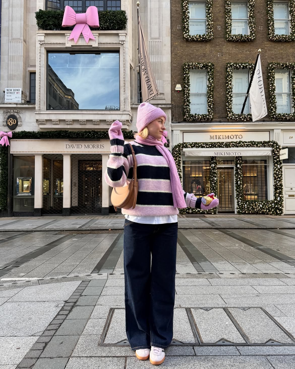 Pink Striped Knit Sweater With Wide Leg Denim