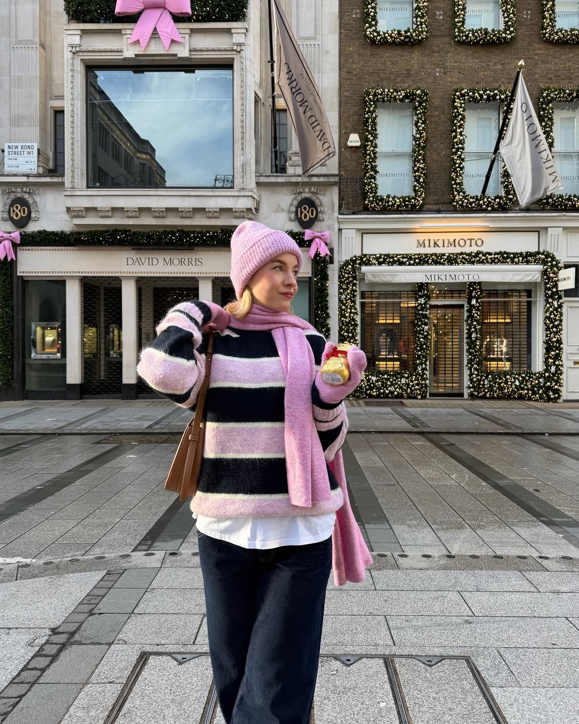 Pink Striped Knit With Dark Wash Jeans Winter Look