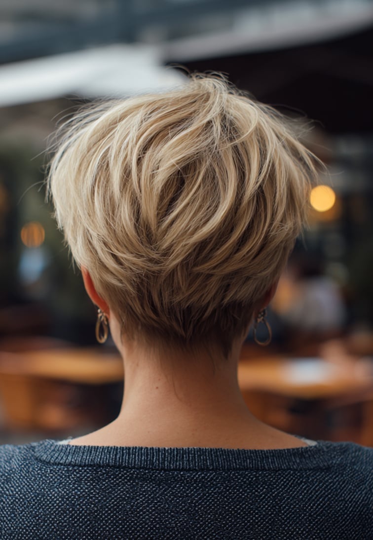 Ash Blonde Pixie Bob With Stacked Layers, Neck