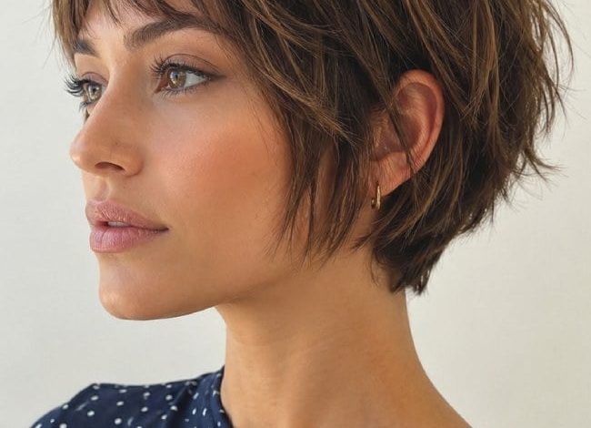 Mocha Bronde Textured Pixie Bob with Fringe : Choppy Layers for Fine Hair