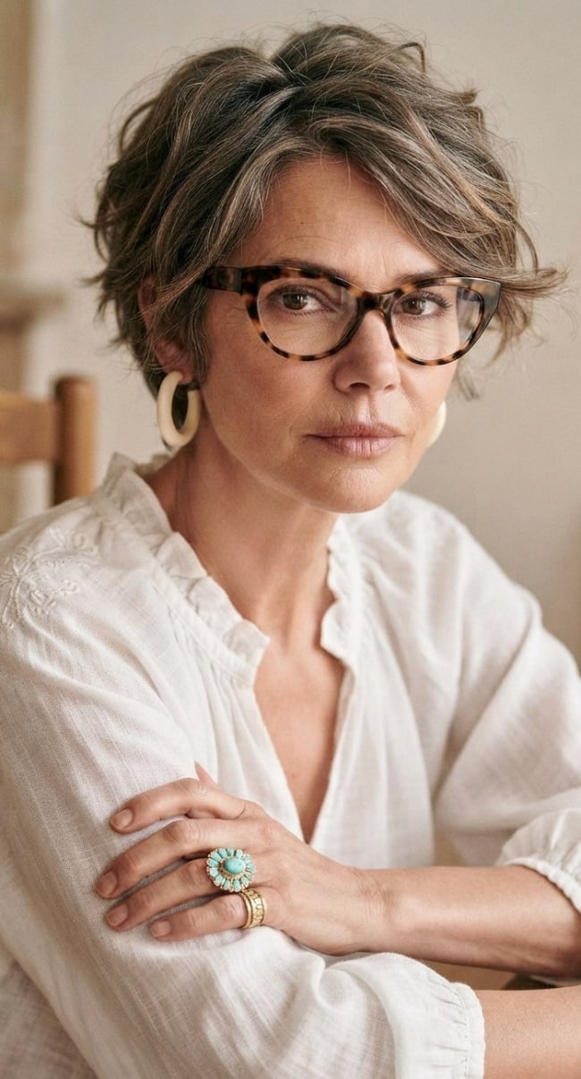 Textured Ear Length Ash Brown Pixie Bob With Gray Highlights — Pixie Bob Haircut