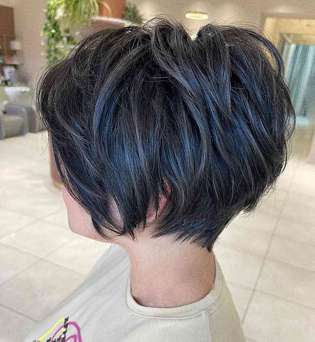 Stacked Collarbone Pixie Bob With Gray Highlights — Pixie Bob Haircut