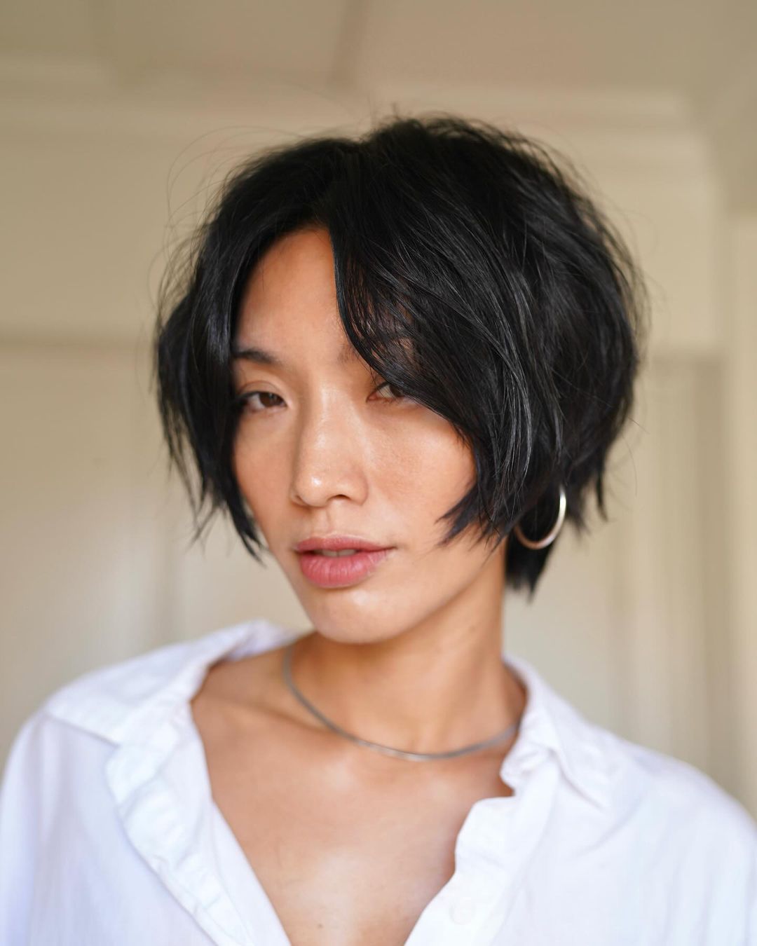Chin Length Razored Bob With Curtain Bangs — Pixie Bob Haircut