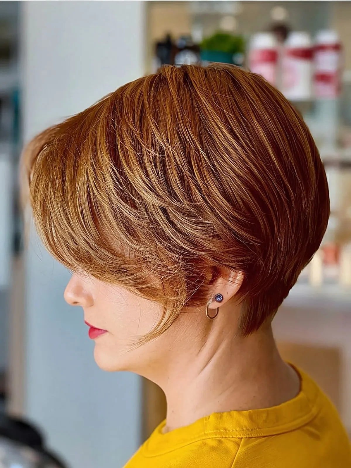Layered Chin Length Copper Pixie Bob With Highlights — Pixie Bob Haircut