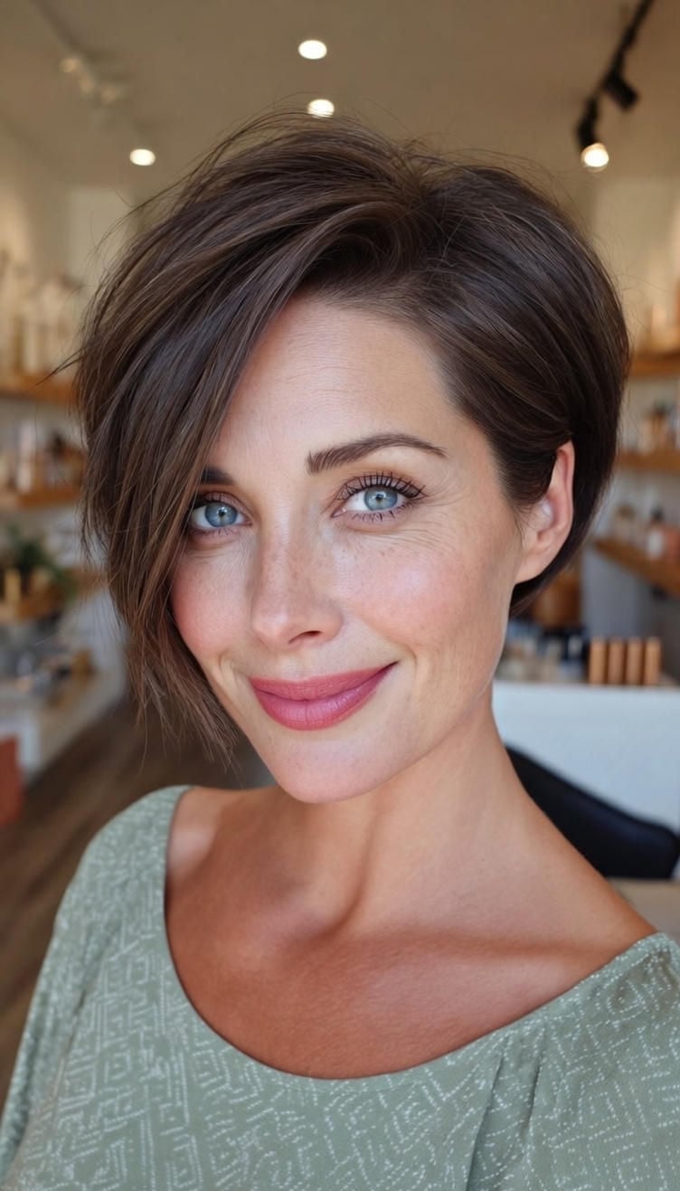 Smooth Ear Length Dark Brown Pixie Bob With Highlights, Side-Swept — Pixie Bob Haircut