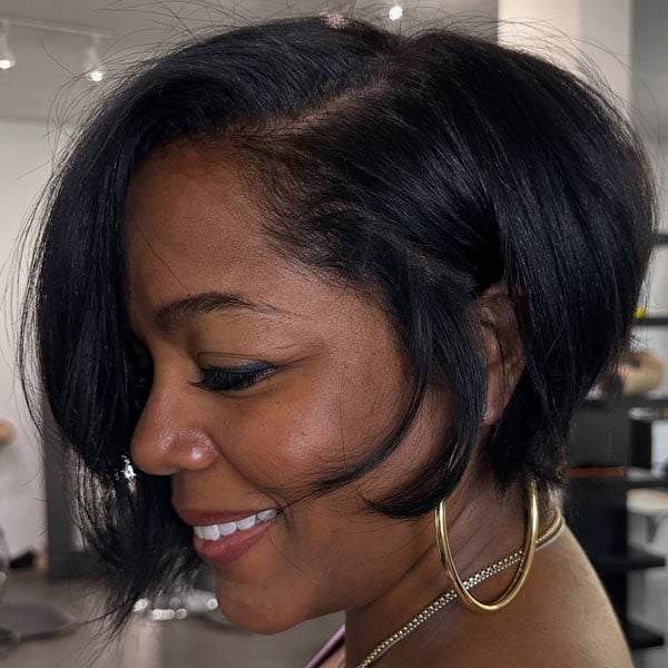 Glossy Chin Length Black Bob With Curled Ends — Pixie Bob Haircut