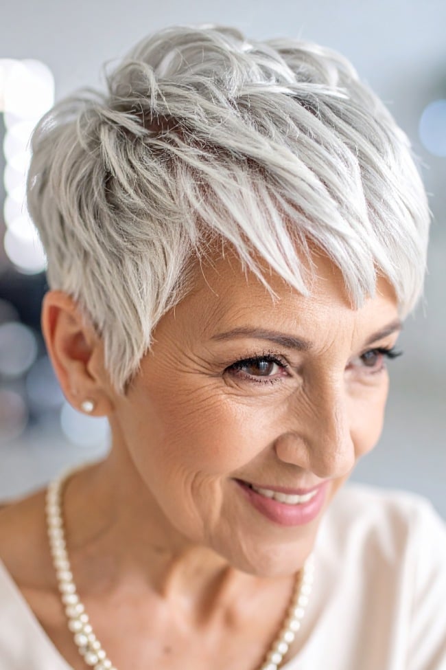 Textured Gray Pixie With Piecey Layers Textured Gray Pixie With Piecey Layers — Pixie Cut