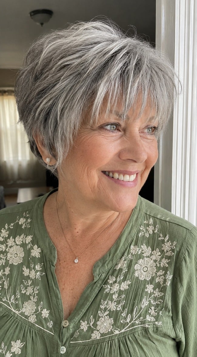 Salt and Pepper Pixie With Textured Blowout Salt and Pepper Pixie With Textured Blowout — Pixie Cut Hairstyles