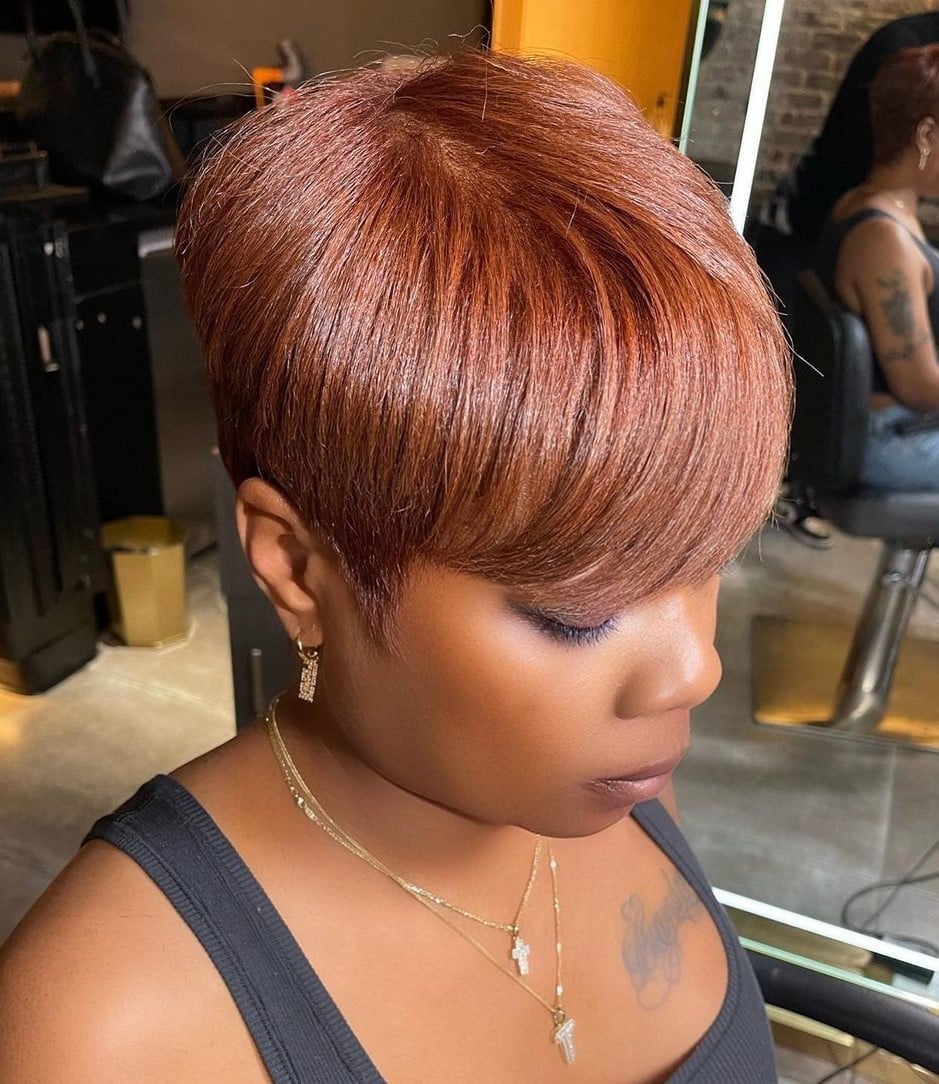 Vibrant Copper Pixie With Full Fringe — Pixie Hairstyles