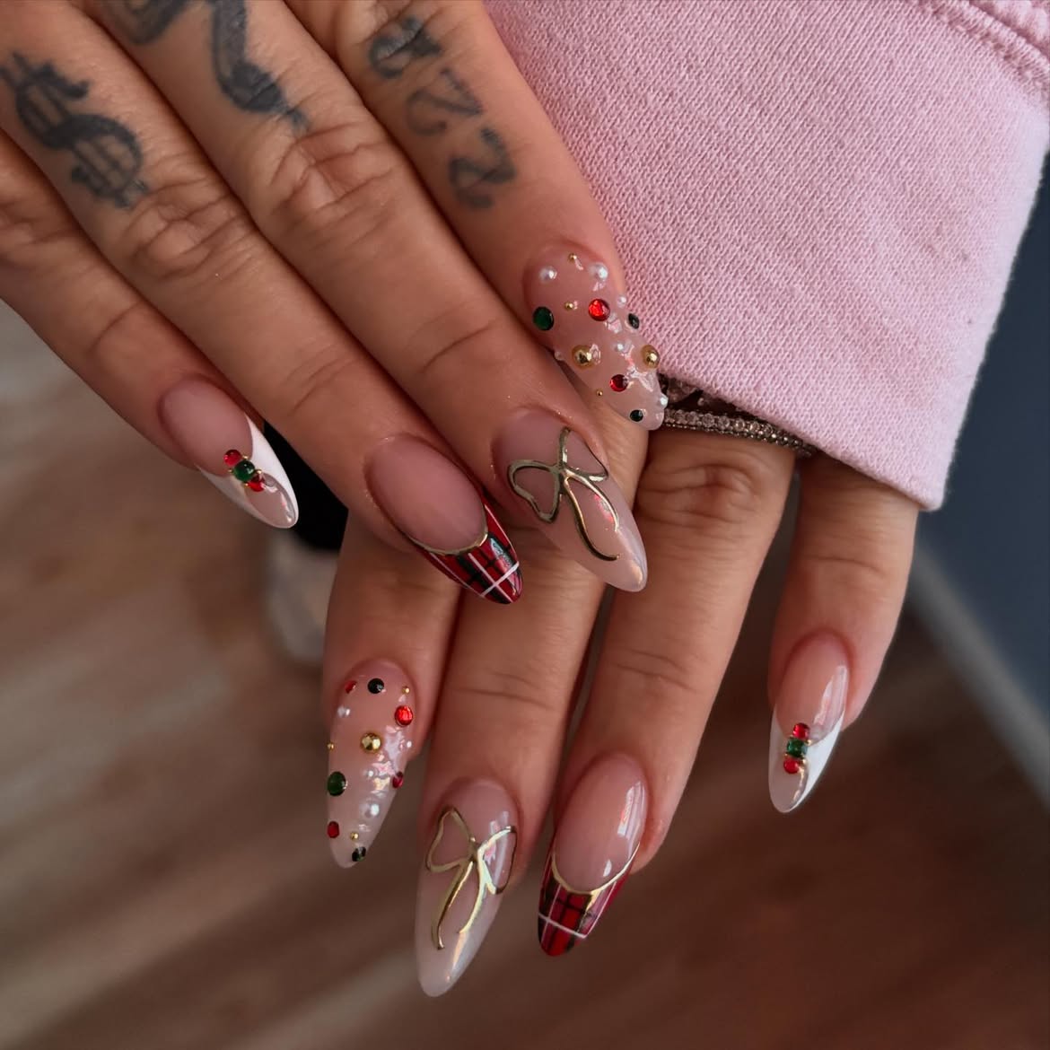 Plaid Christmas Bow French Tip Almond Nails
