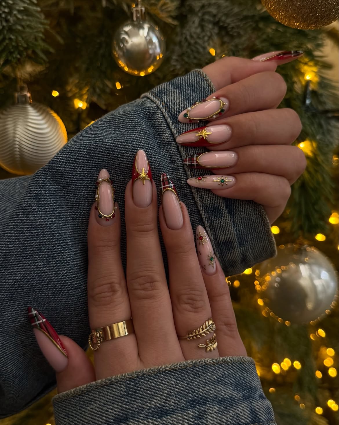 Plaid French Tip Christmas Almond Nails