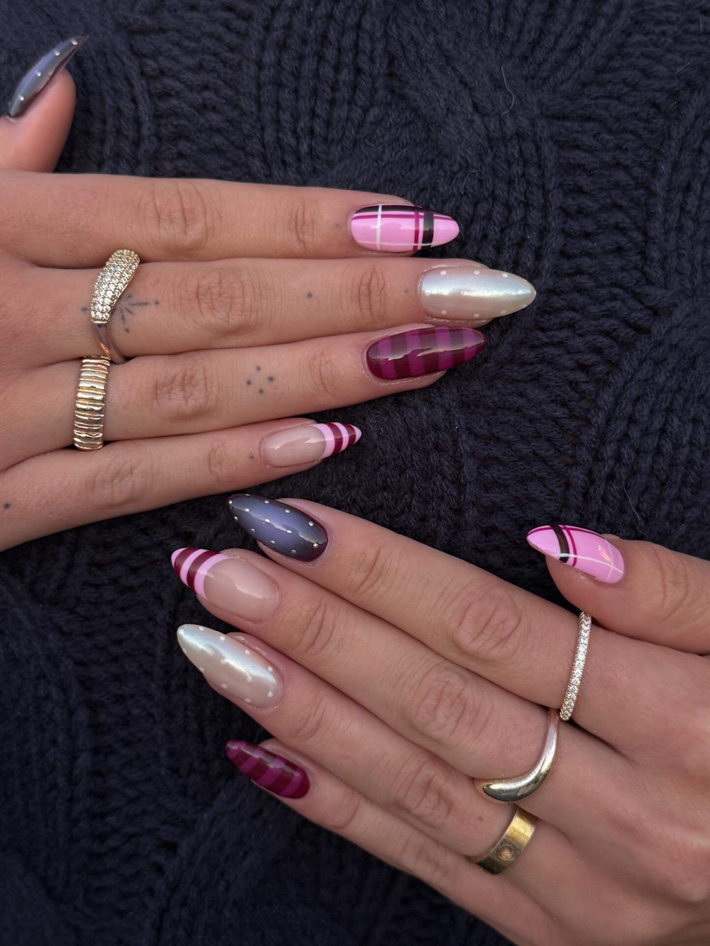 Plaid Pink and Burgundy Almond French Tips