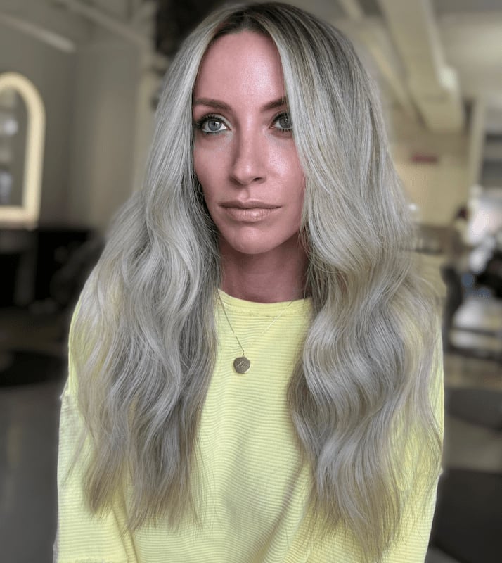 Mid-Back Platinum Blonde With Root Shadow and Creating Dimension Mid-Back Platinum Blonde With Root Shadow and Creating Dimension