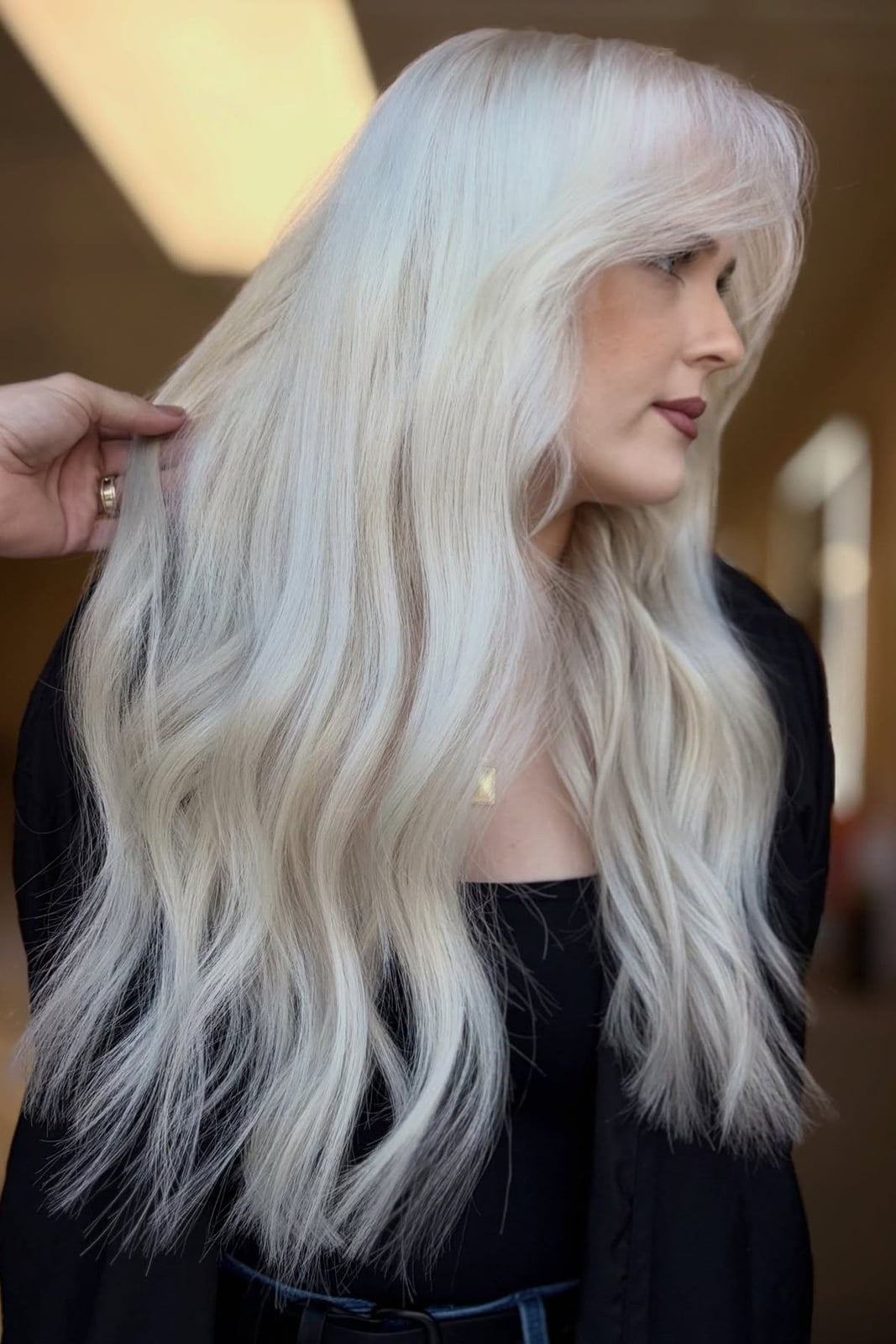 Icy Platinum Blonde With Ash Tones And Curtain Bangs Icy Platinum Blonde With Ash Tones And Curtain Bangs