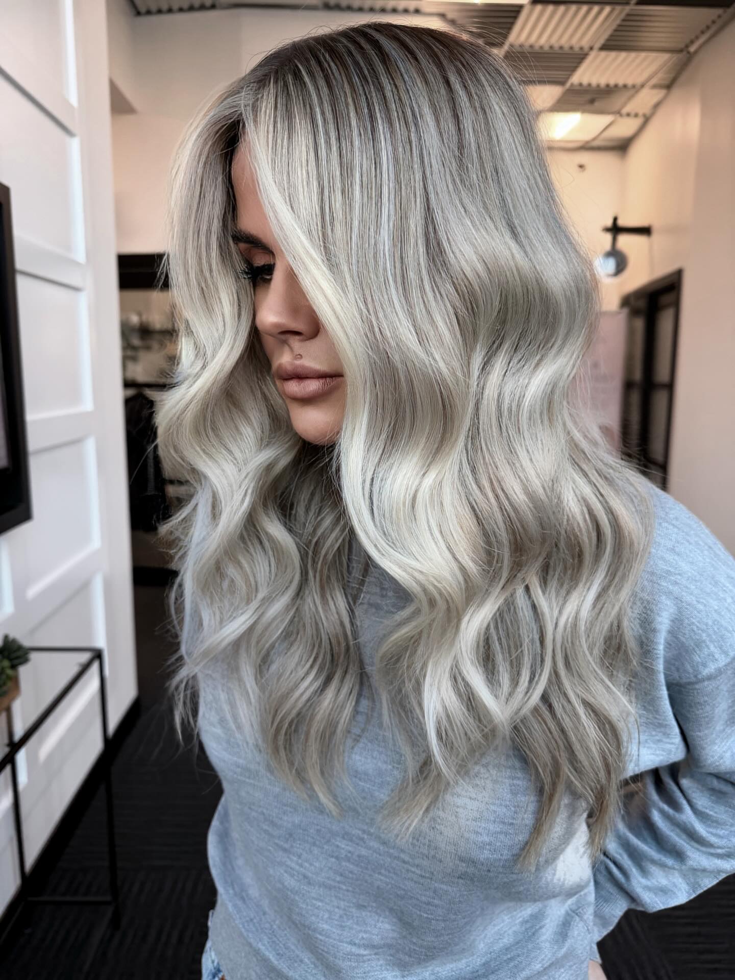 Platinum Blonde Waves With Shadow Root