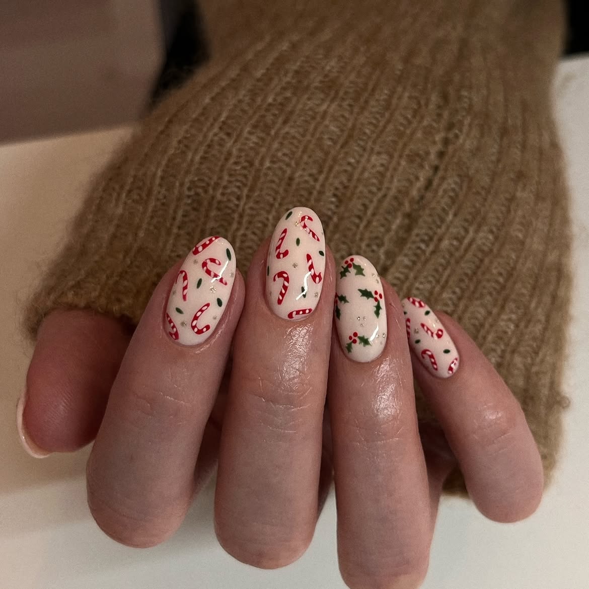 Playful Candy Cane & Holly Christmas Nail Art