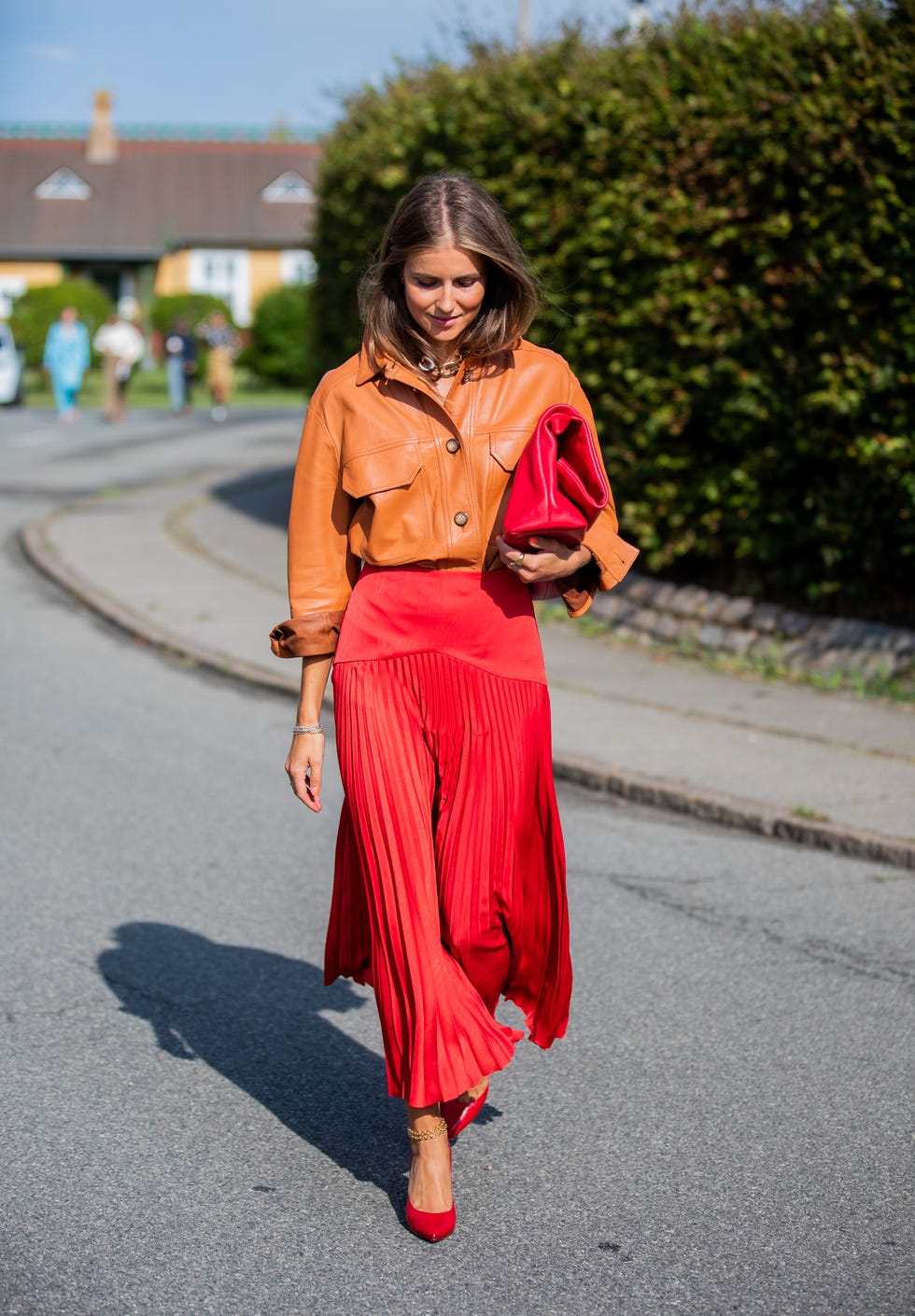 Red Ombre Pleated Skirt with Orange Leather Jacket — Pleated Skirt Outfits