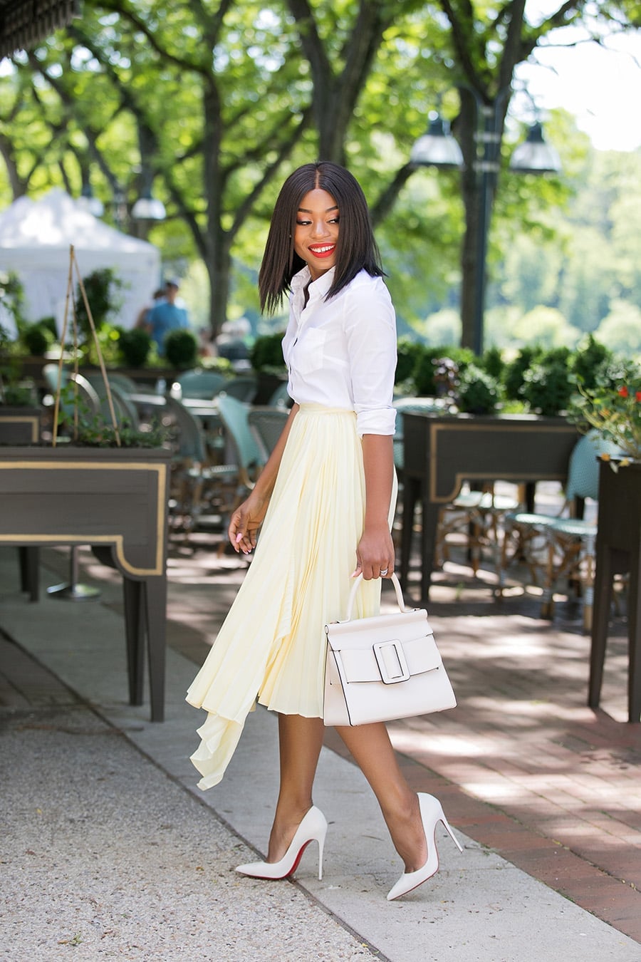 Pale Yellow Asymmetrical Pleated Skirt with White Shirt — Pleated Skirt Outfits