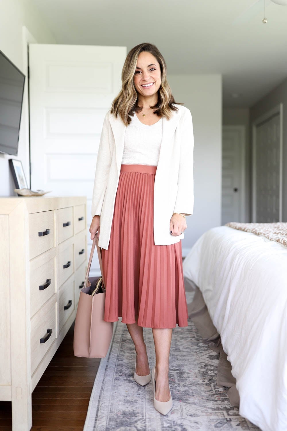 Coral Pleated Midi Skirt with Cream Blazer and Pointed Toe Pumps — Pleated Skirt Outfits