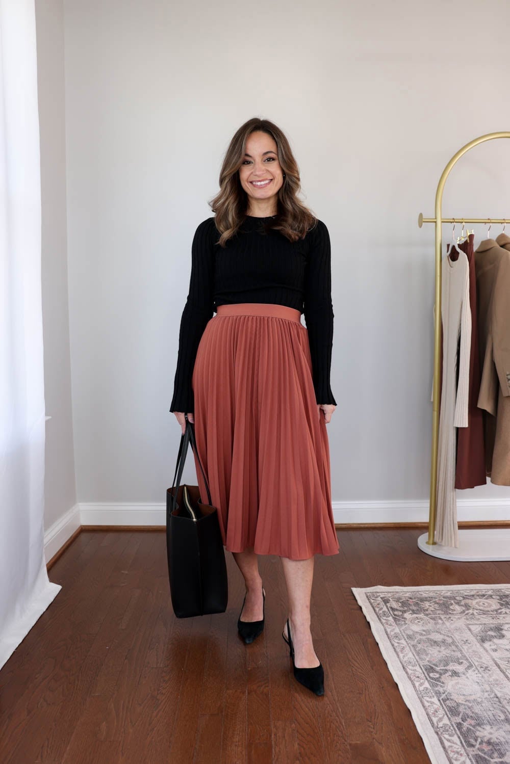Rust Orange Pleated Midi Skirt with Black Sweater, Close-Up Take — Pleated Skirt Outfits