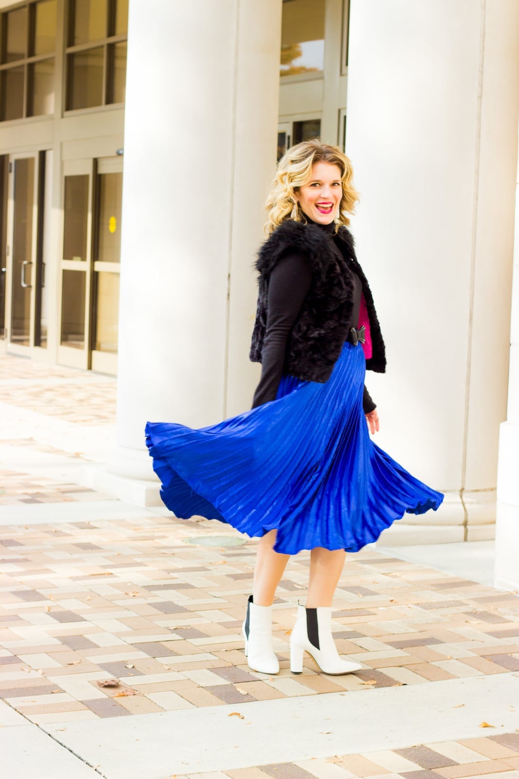 Royal Blue Metallic Pleated Midi Skirt with Faux Fur Vest — Pleated Skirt Outfits