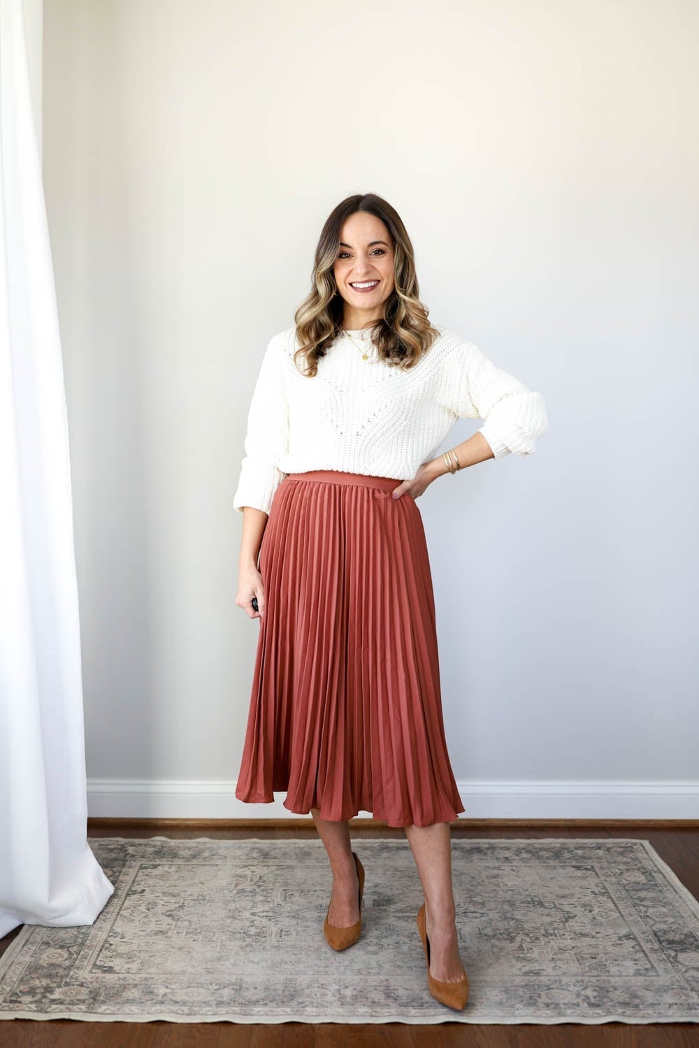 Coral Pleated Midi Skirt with Cream Cable Knit Sweater — Pleated Skirt Outfits