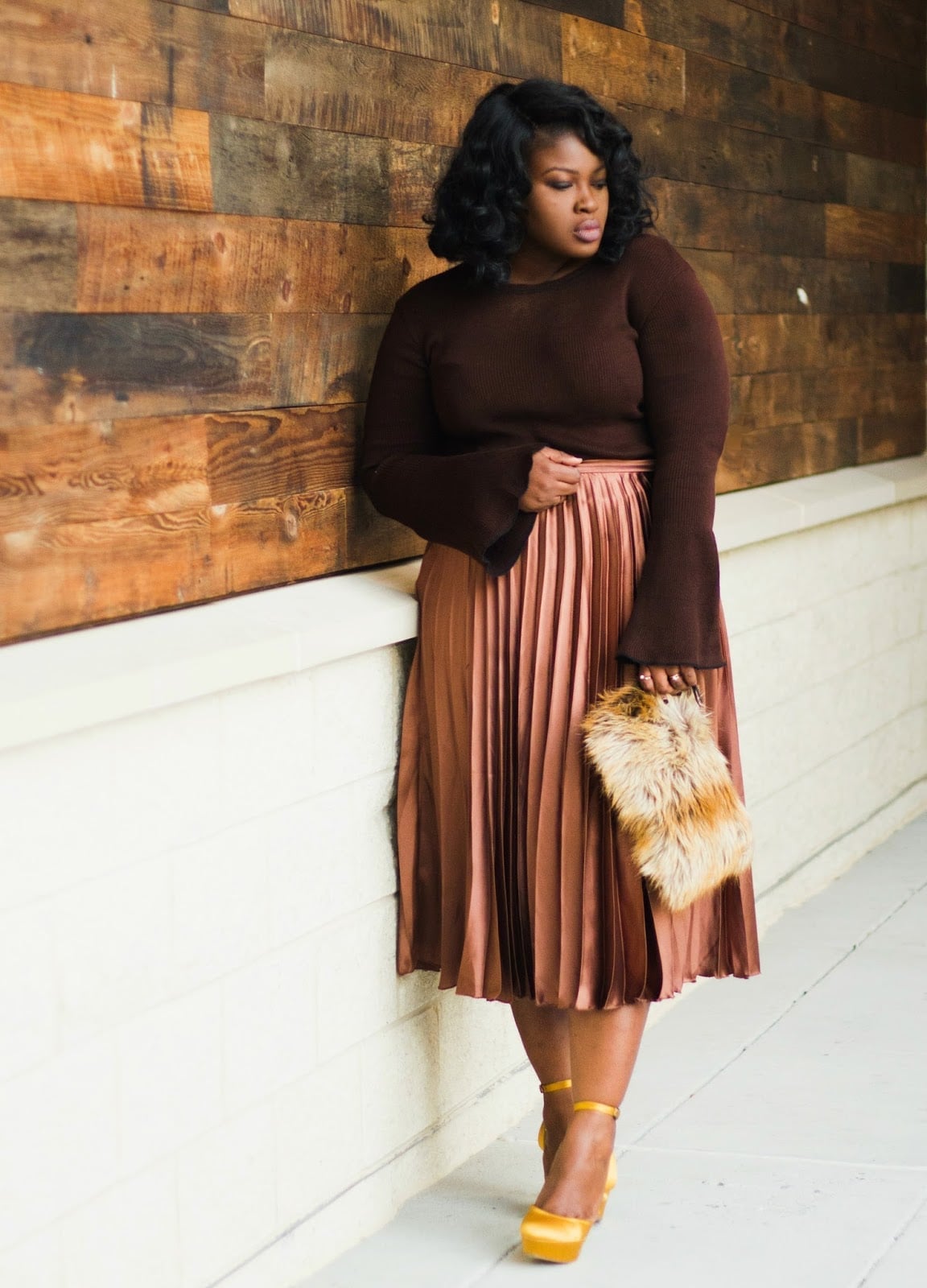 Bronze Satin Pleated Midi Skirt with Brown Sweater — Pleated Skirt Outfits