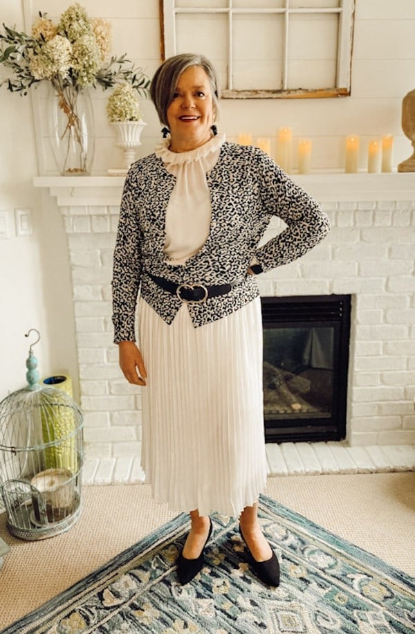 Ivory Midi Pleated Skirt with Ruffled Blouse — Pleated Skirt Outfits