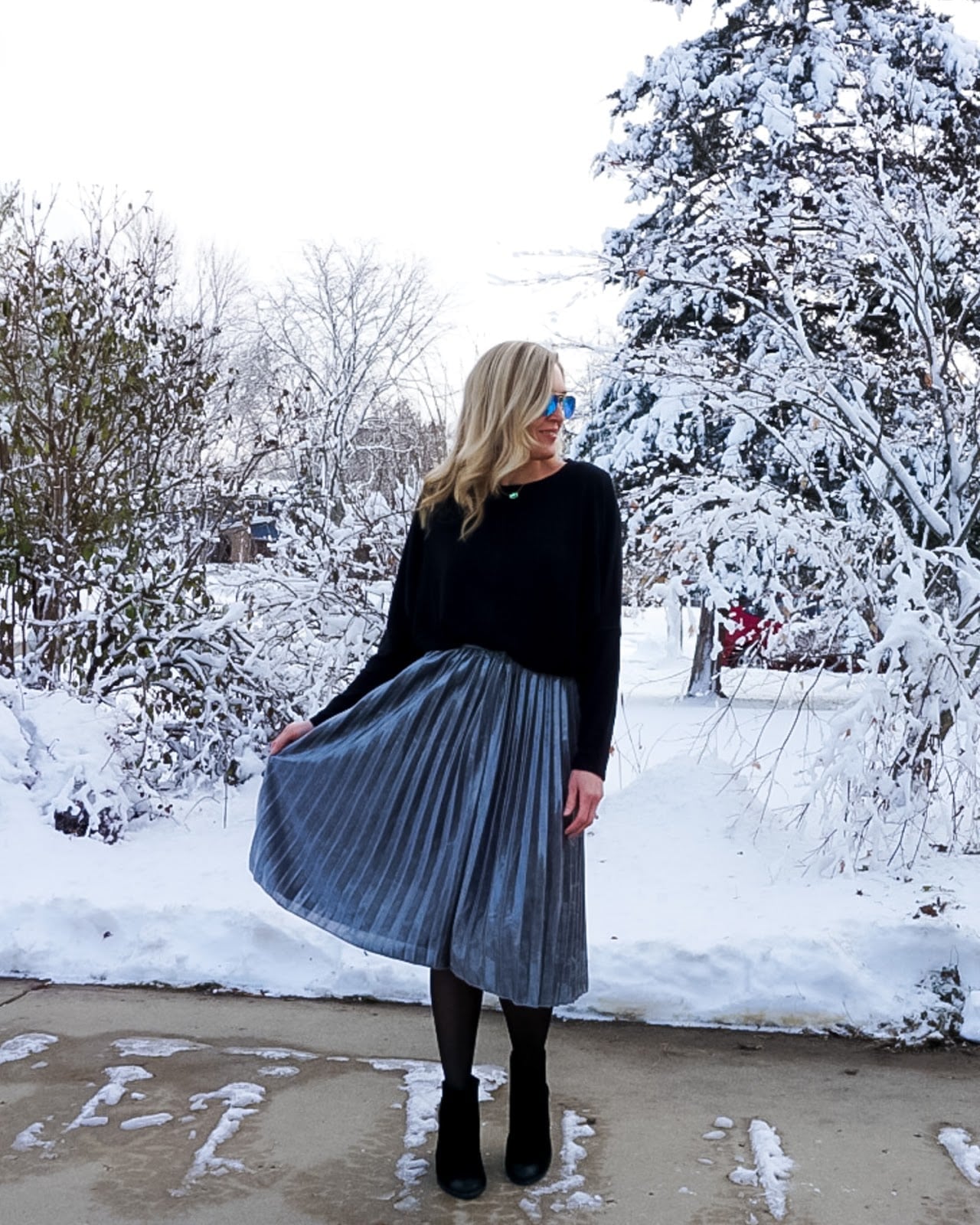 Silver Metallic Pleated Midi Skirt with Black Sweater — Pleated Skirt Outfits