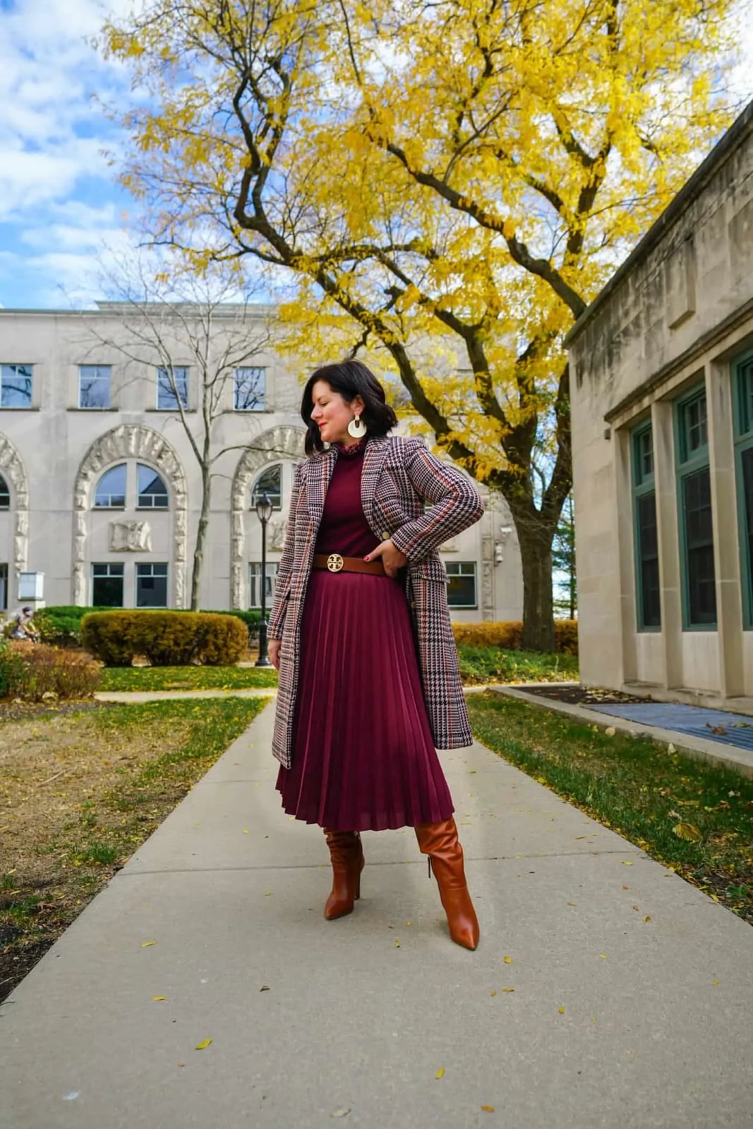 Burgundy Pleated Midi Skirt with Matching Turtleneck — Pleated Skirt Outfits