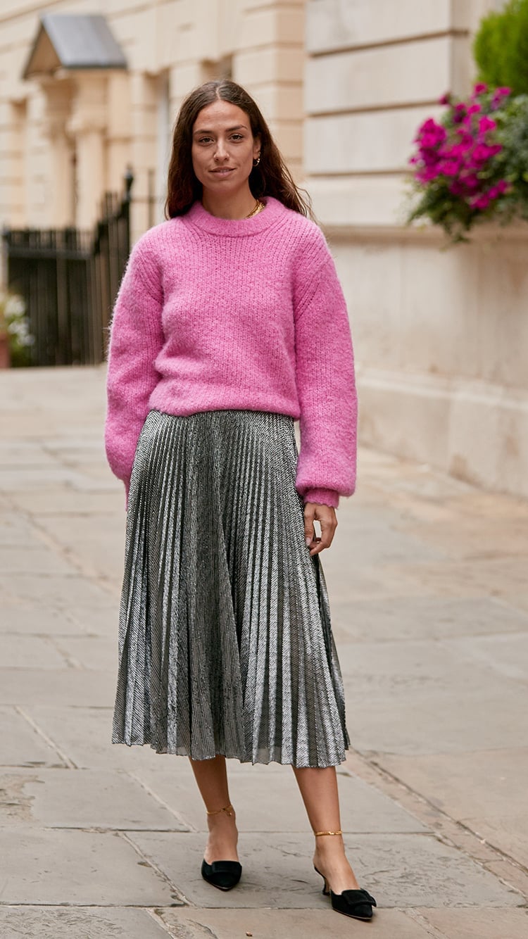 Silver Metallic Pleated Midi Skirt with Pink Fuzzy Sweater — Pleated Skirt Outfits
