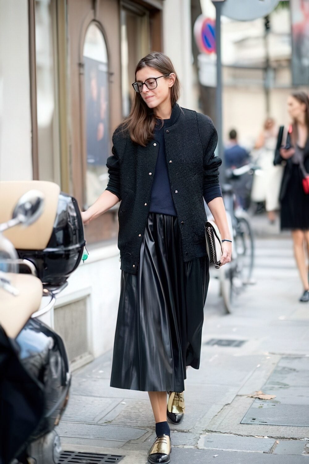 Black Faux Leather Pleated Midi Skirt with Bomber Jacket — Pleated Skirt Outfits