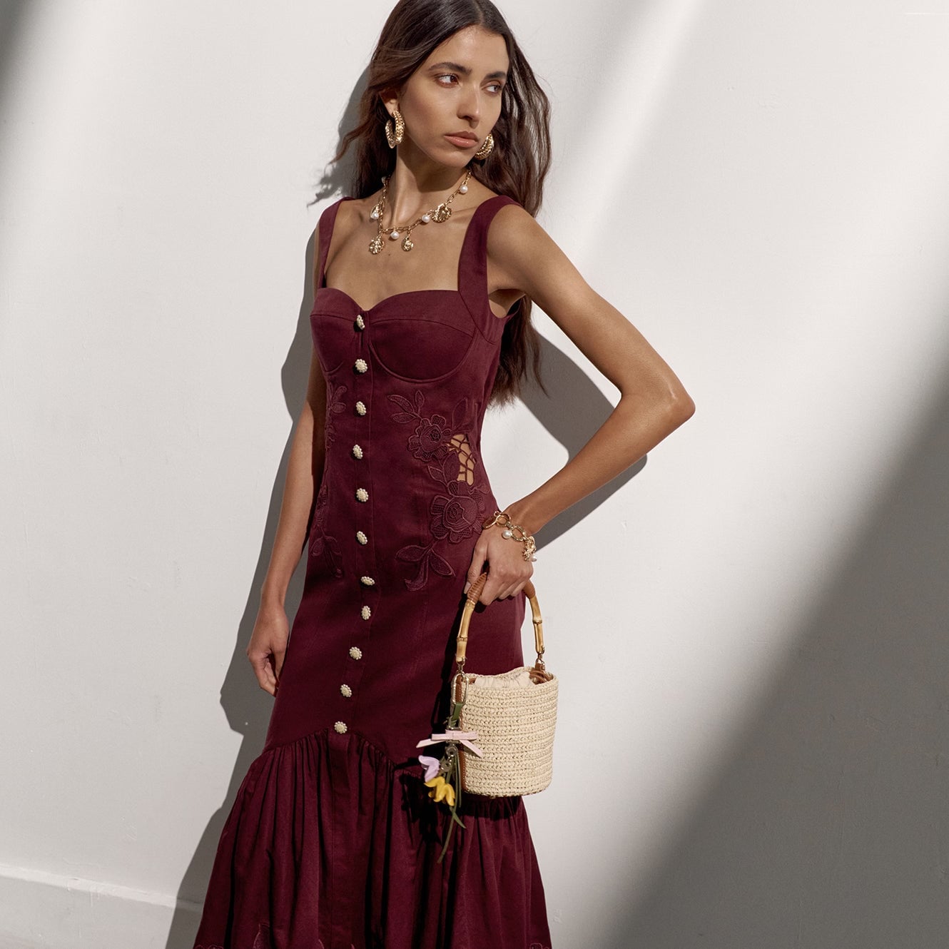 Linen Blend Midi Dress With Lace Inserts — Plum Dress