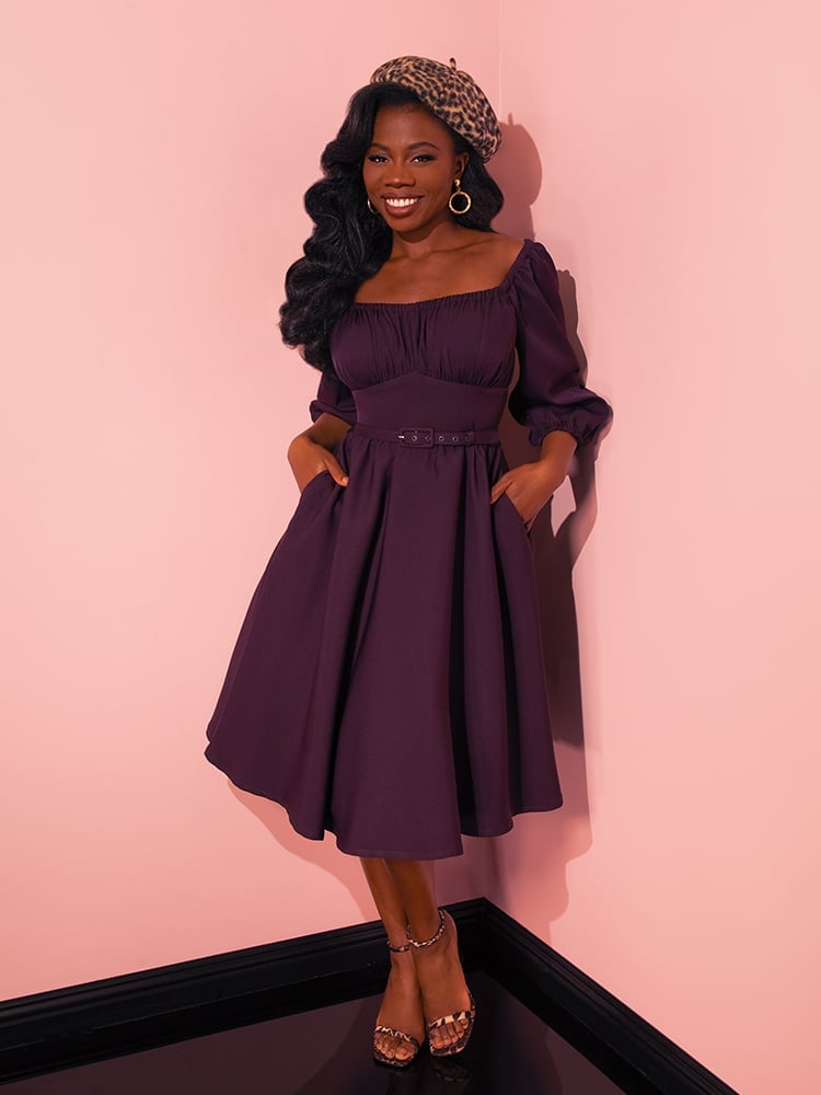 Deep Plum Three-Quarter Sleeve Dress With Full Skirt — Plum Dress