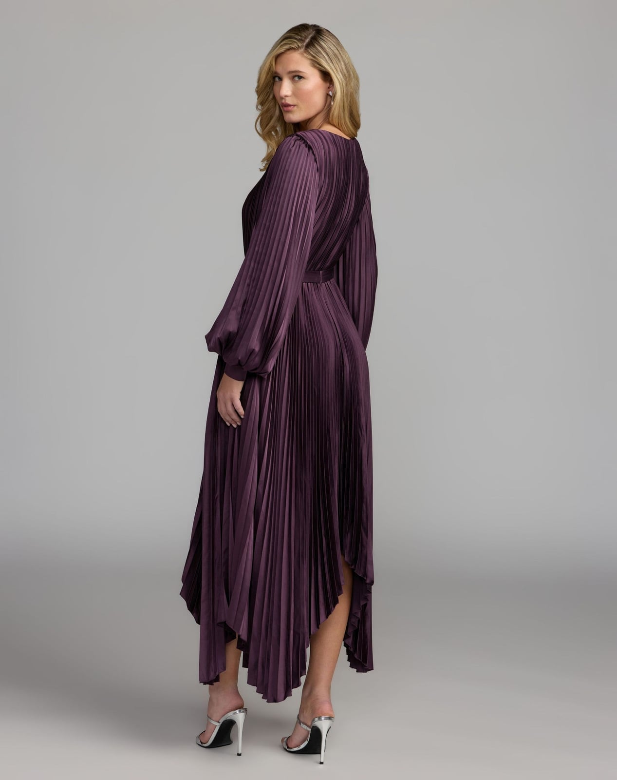 Dark Plum Pleated Midi Dress With Balloon Sleeves — Plum Dress