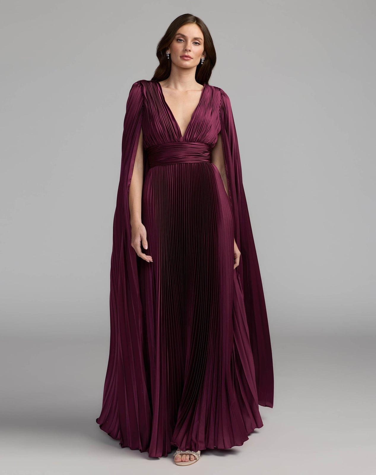 Dark Purple Charmeuse Gown With Cape Sleeves — Plum Dress