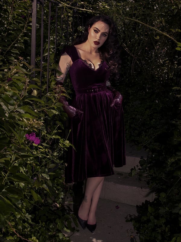 Deep Plum Velvet Midi Dress With Lace Trim — Plum Dress