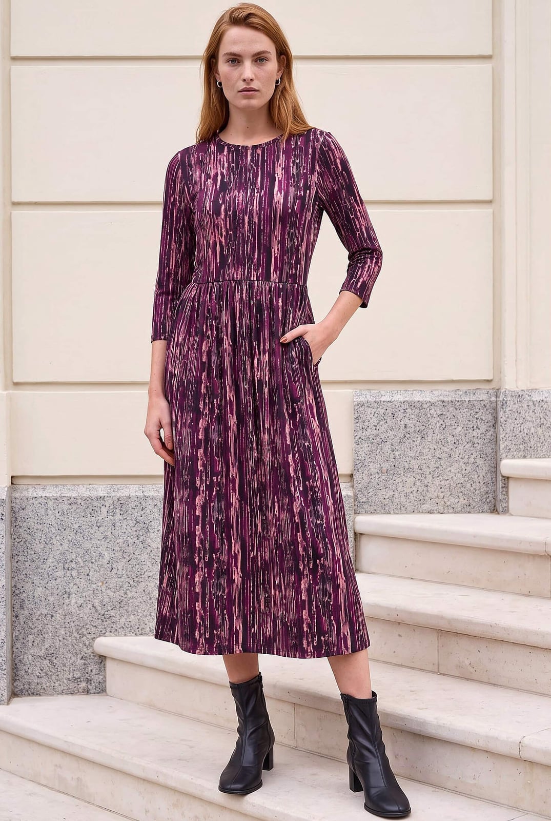 Plum Abstract Print Fit and Flare Midi Dress — Plum Dress