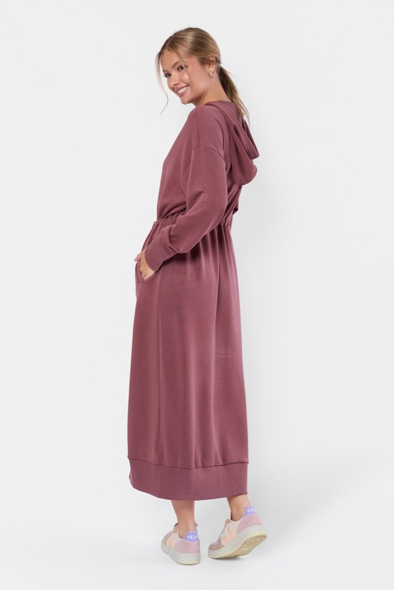Muted Plum Hooded Jersey Knit Midi Dress — Plum Dress