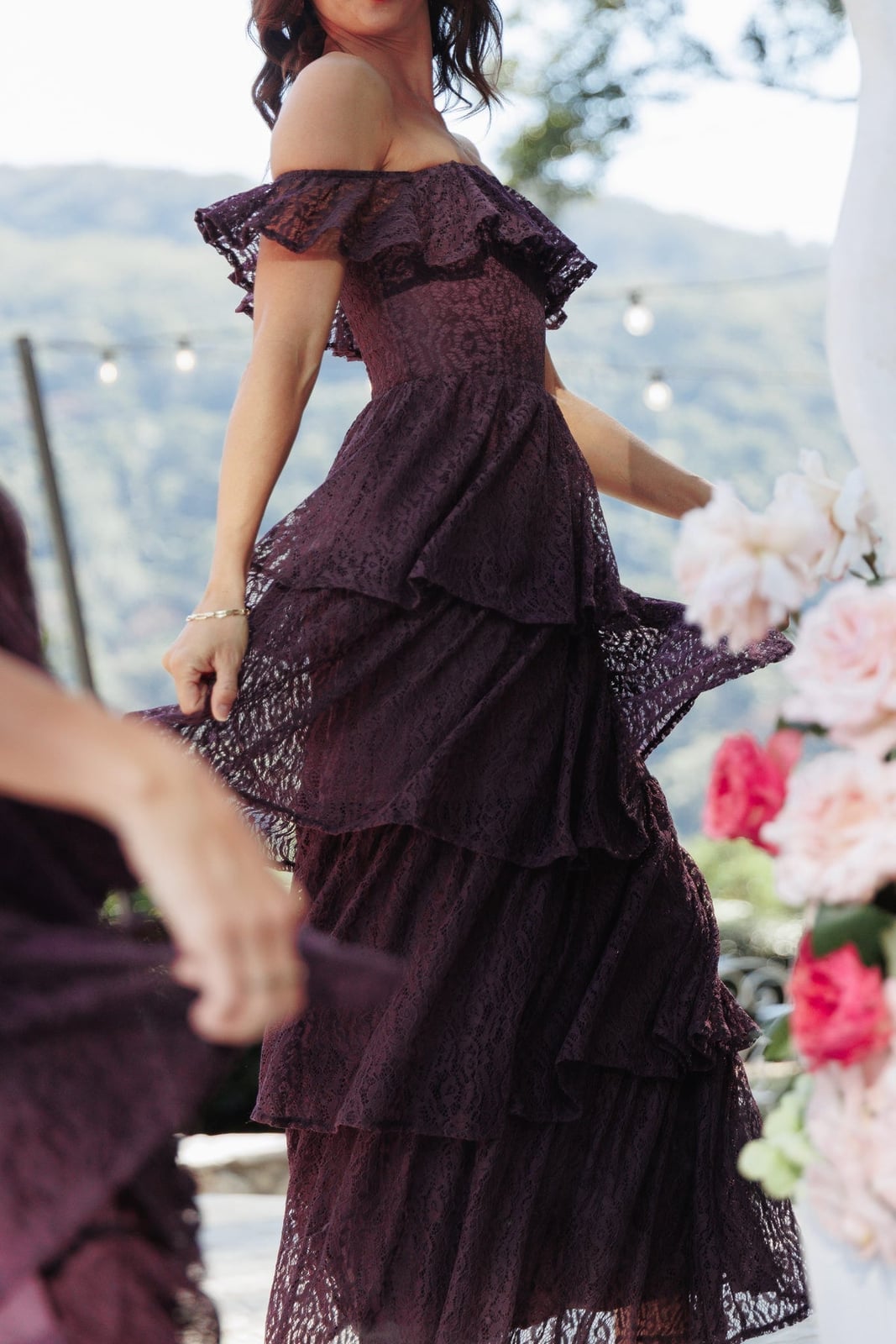 Deep Plum Off-The-Shoulder Lace Dress With Ruffles — Plum Dress